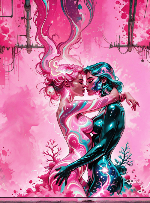 couple, digital, humanoids, kissing, neon, cyberpunk