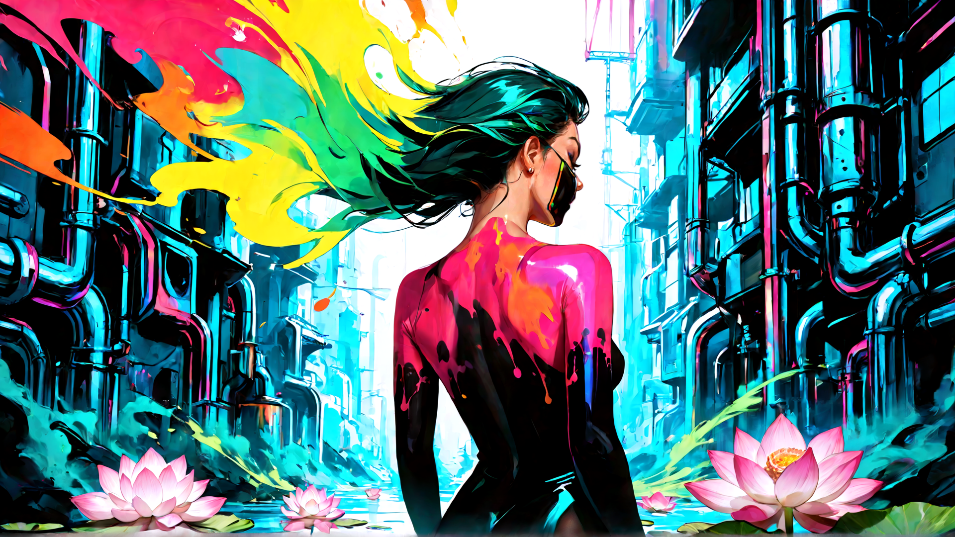 AI generated wallpaper featuring woman, lotus, cityscape, hair, paint, pipelines