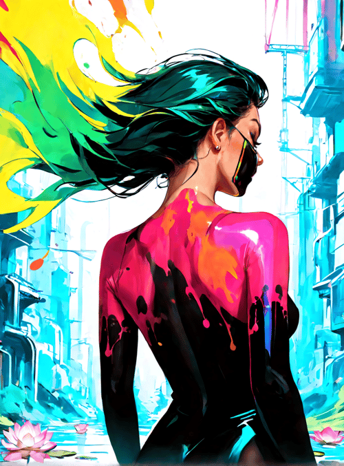 woman, lotus, cityscape, hair, paint, pipelines