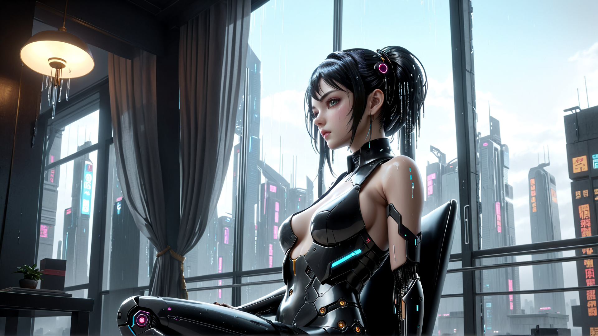 AI generated wallpaper featuring cyborg, woman, cityscape