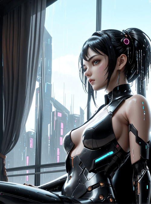 cyborg, woman, cityscape