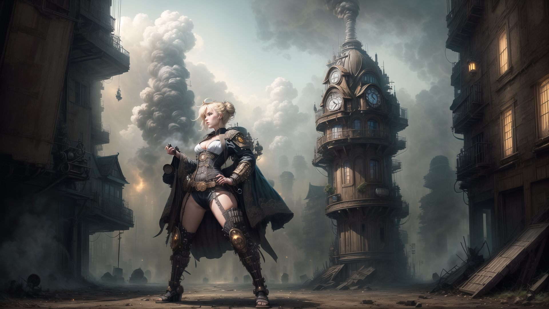 AI generated wallpaper featuring woman, clock tower, city