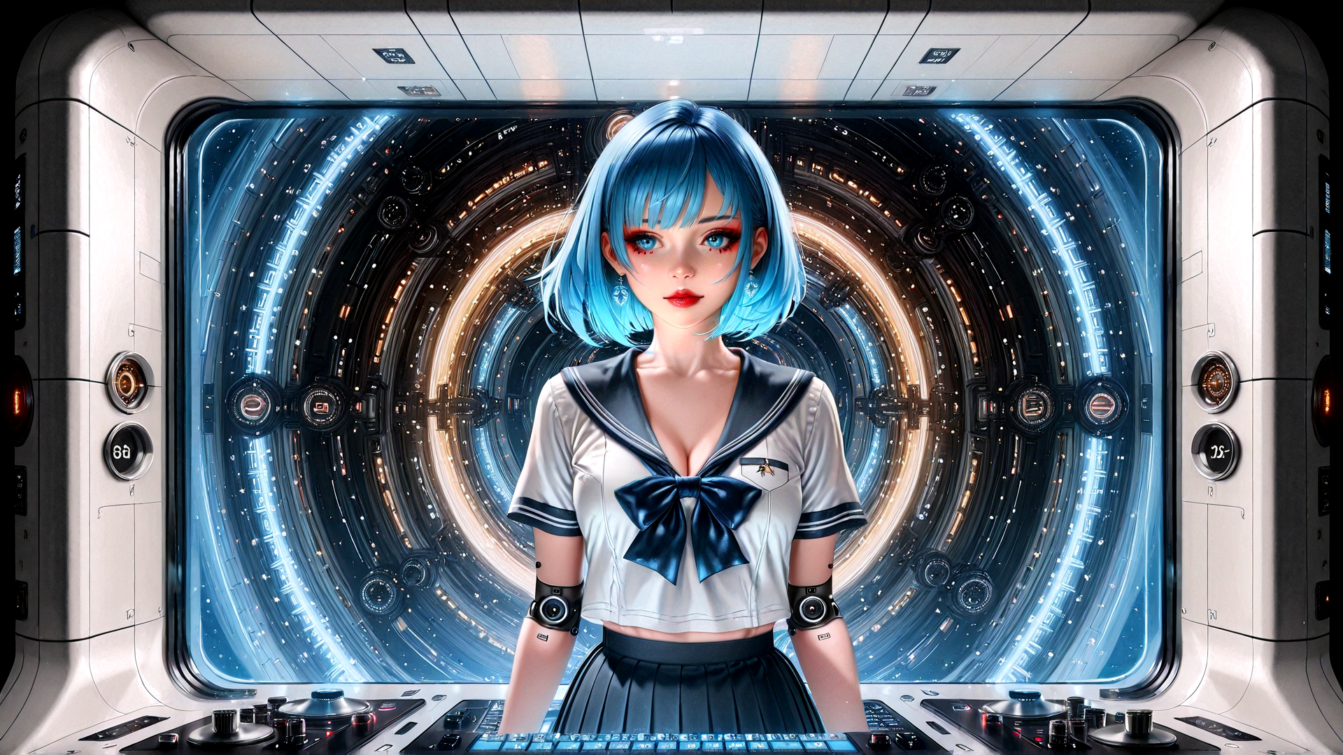 AI generated wallpaper featuring girl, sailor, spaceship, control room, digital, anime, cyberpunk, character, monitor, goggles