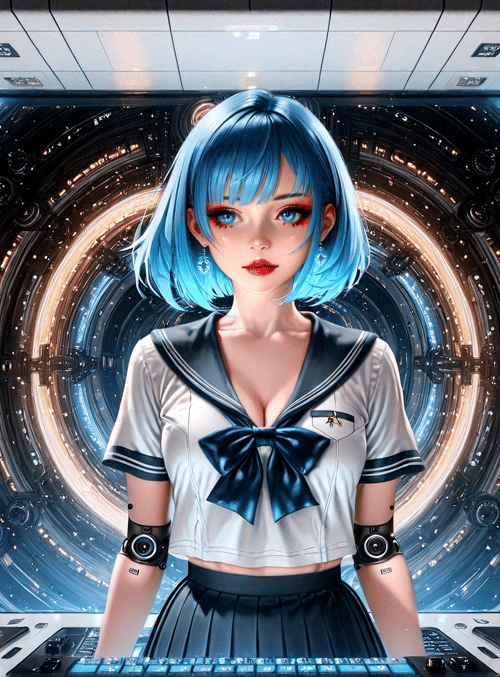 girl, sailor, spaceship, control room, digital, anime, cyberpunk, character, monitor, goggles