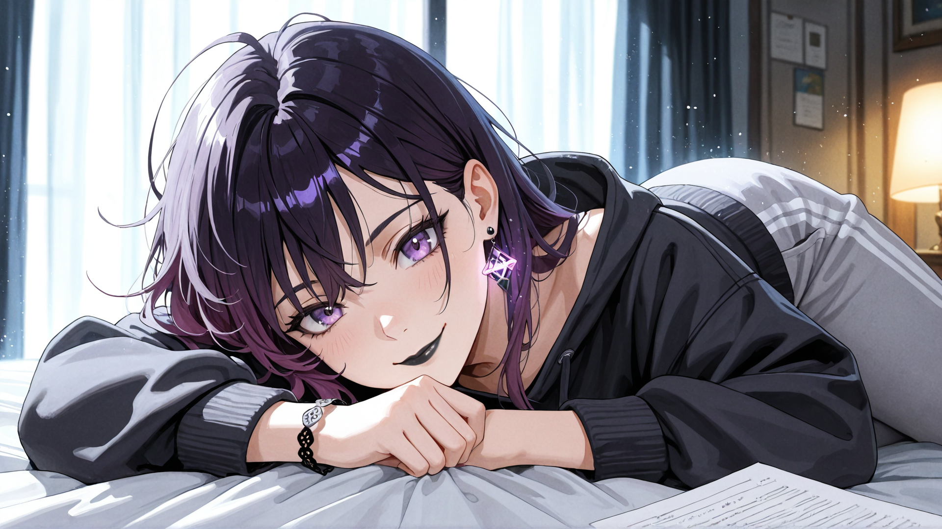 AI generated wallpaper featuring anime girl, bed, hoodie, hair, earring, bracelet, bed sheet, note, window, curtain