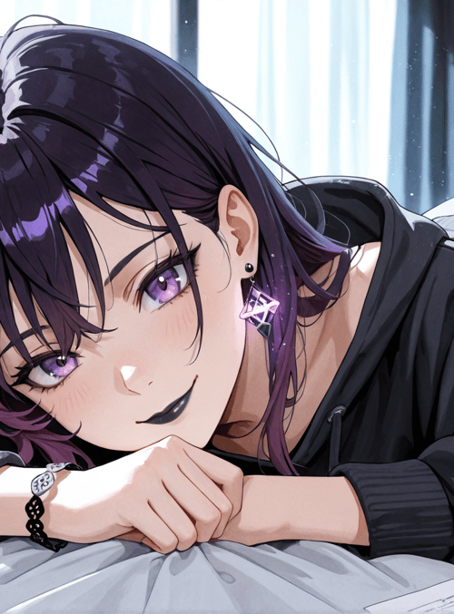 anime girl, bed, hoodie, hair, earring, bracelet, bed sheet, note, window, curtain