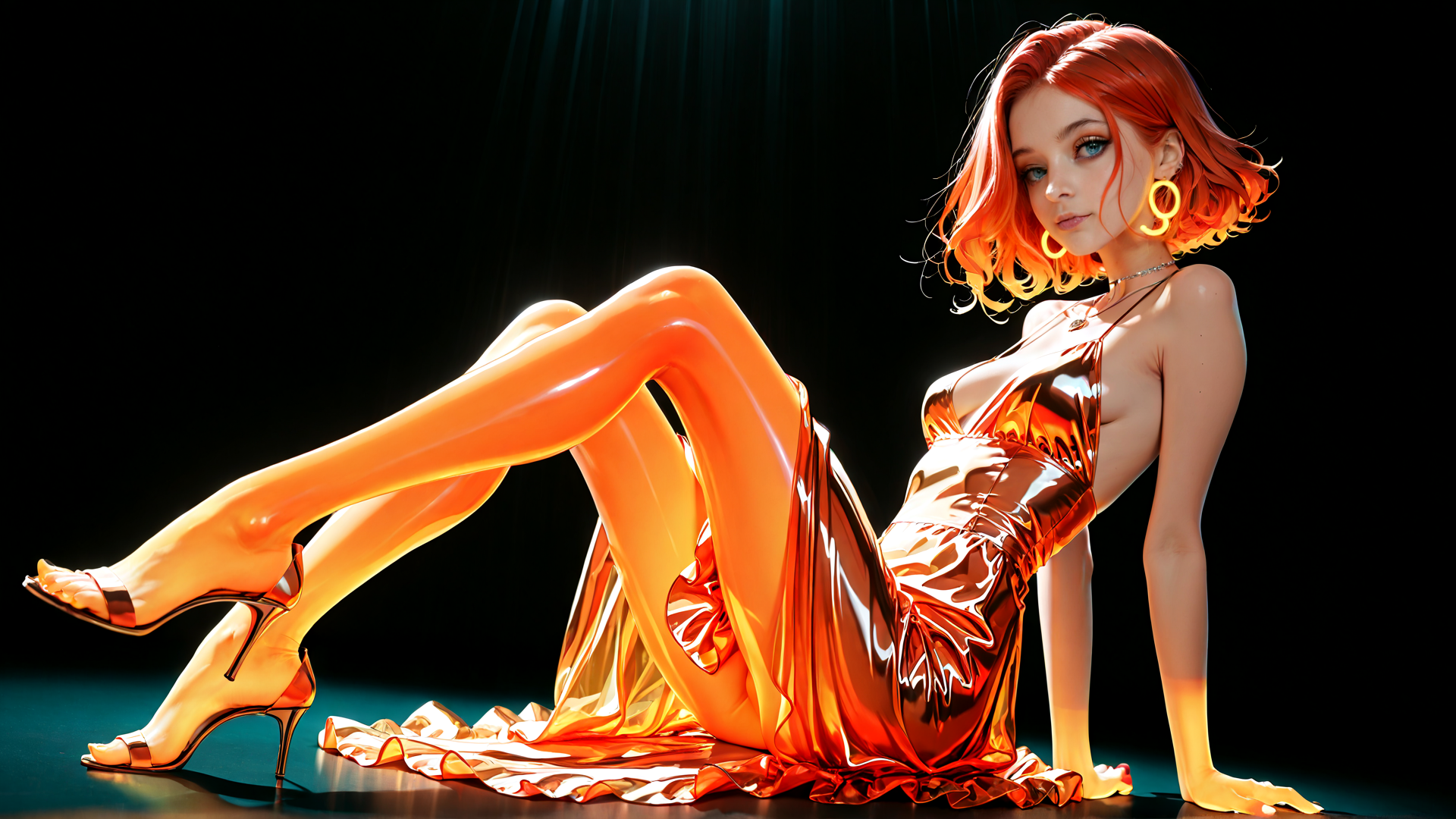 AI generated wallpaper featuring woman, dress, high heels, hair, earrings, legs