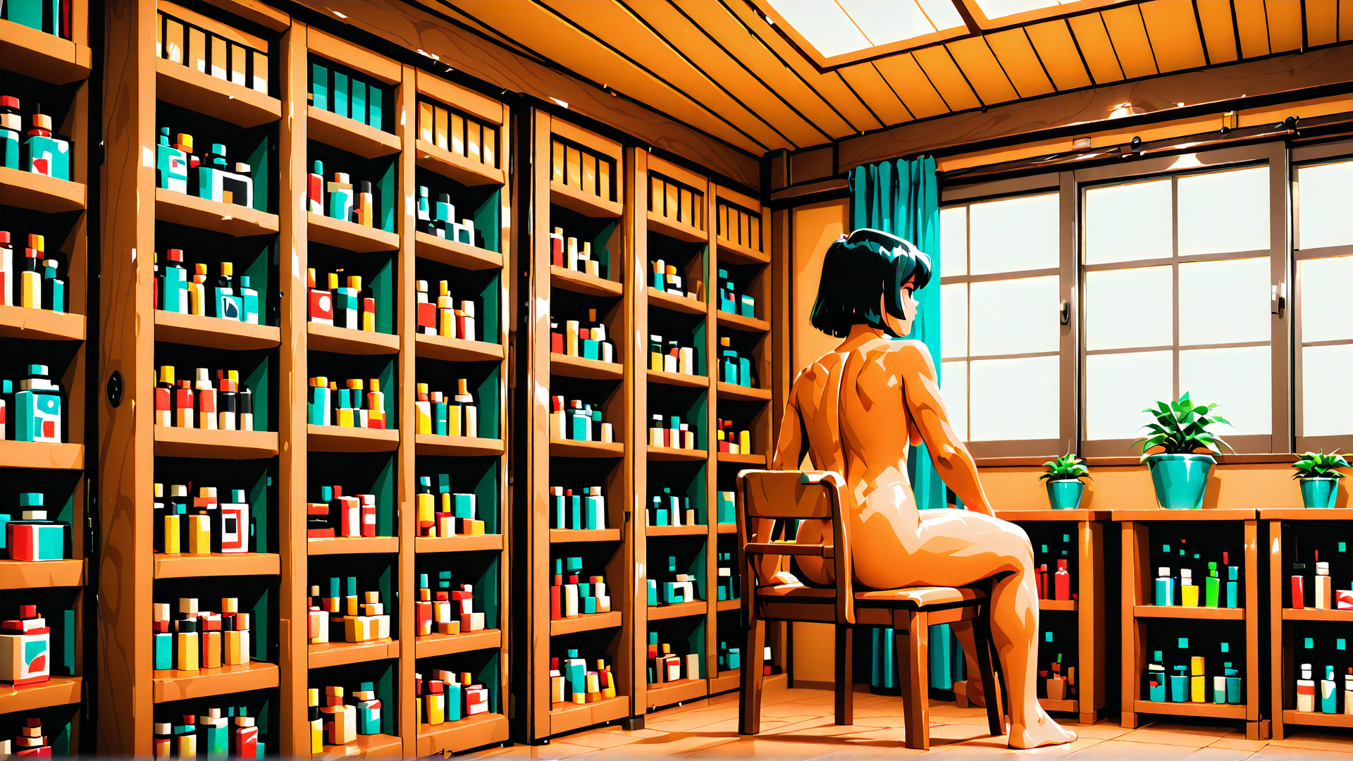 AI generated wallpaper featuring woman, bottles, shelves, chair, window, plants