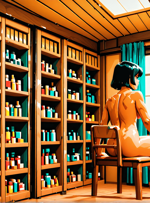 woman, bottles, shelves, chair, window, plants