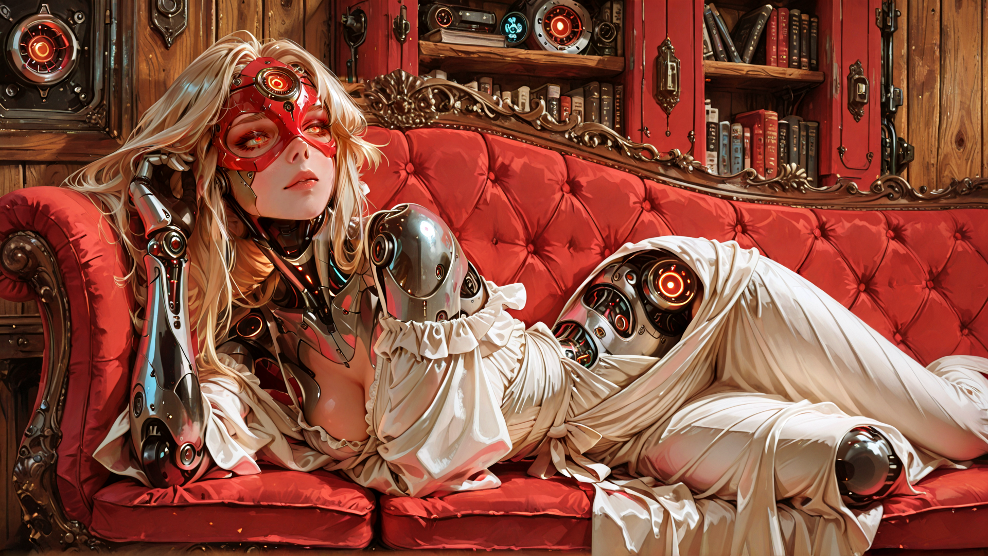 AI generated wallpaper featuring cyborg, woman, robot, sofa, bookshelf, glasses, arm, clothing, light, mechanism