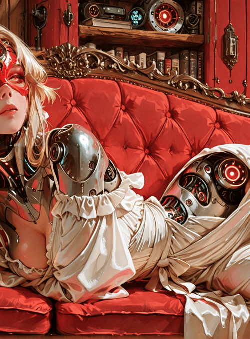 cyborg, woman, robot, sofa, bookshelf, glasses, arm, clothing, light, mechanism