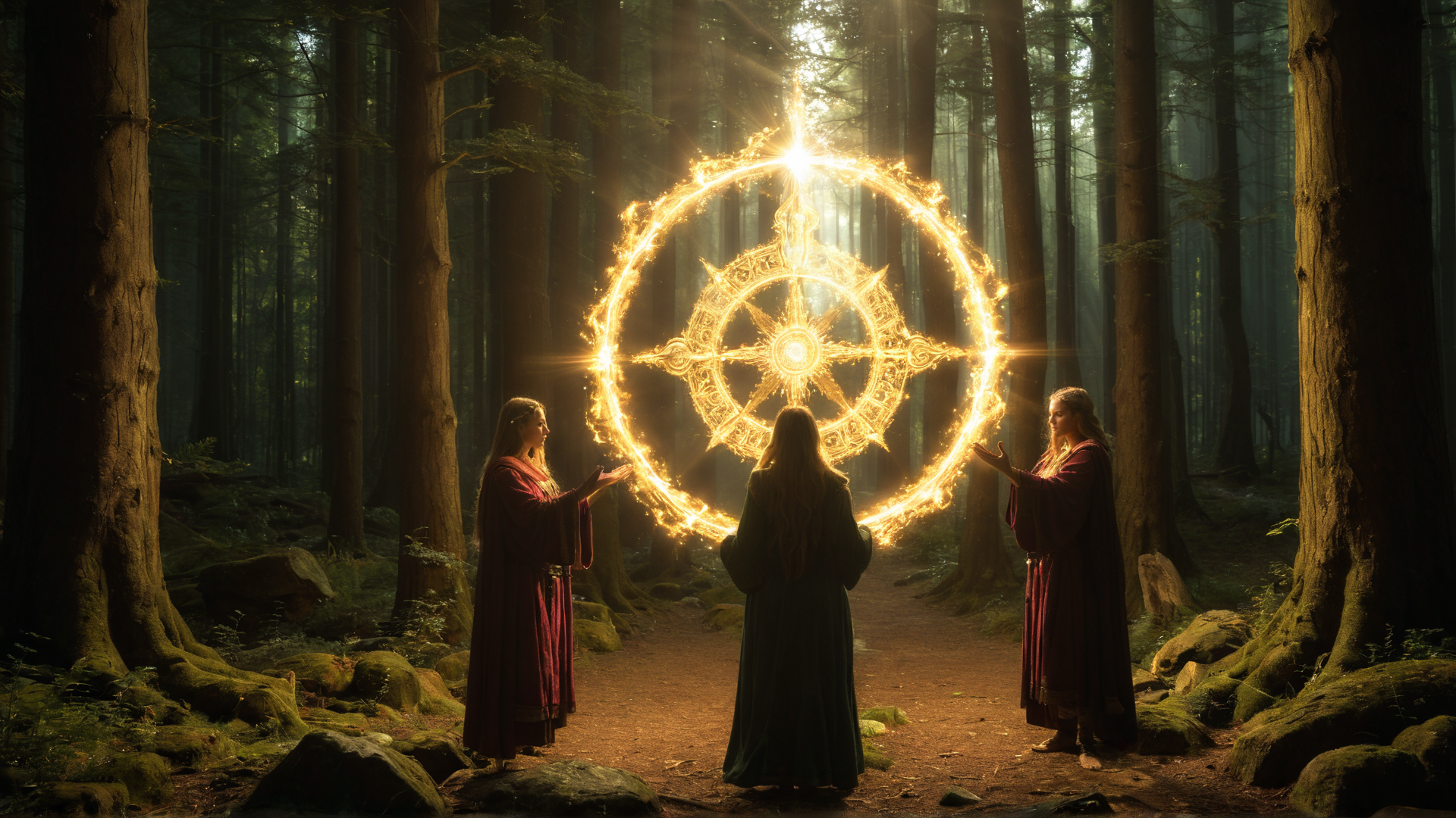 AI generated wallpaper featuring magicians, circle, forest