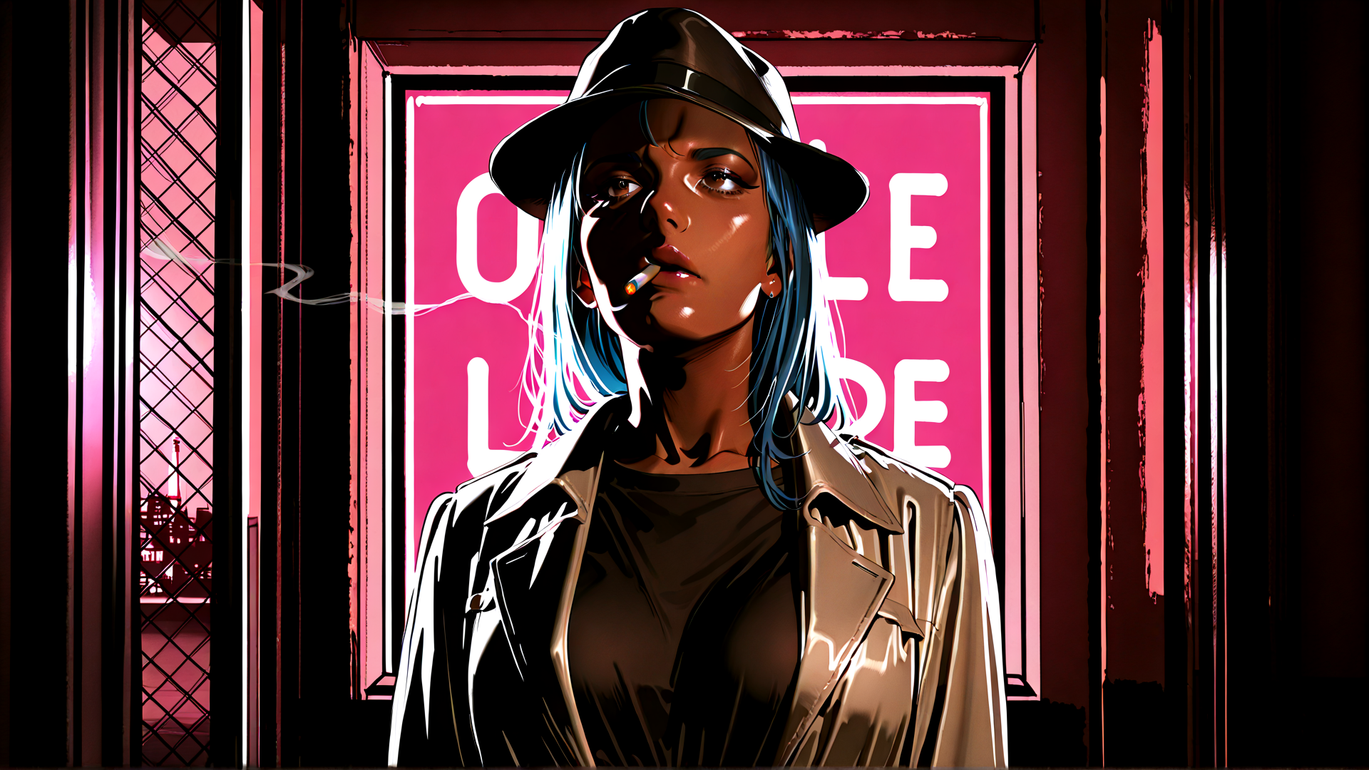 AI generated wallpaper featuring woman, hat, cigarette, jacket, blonde hair