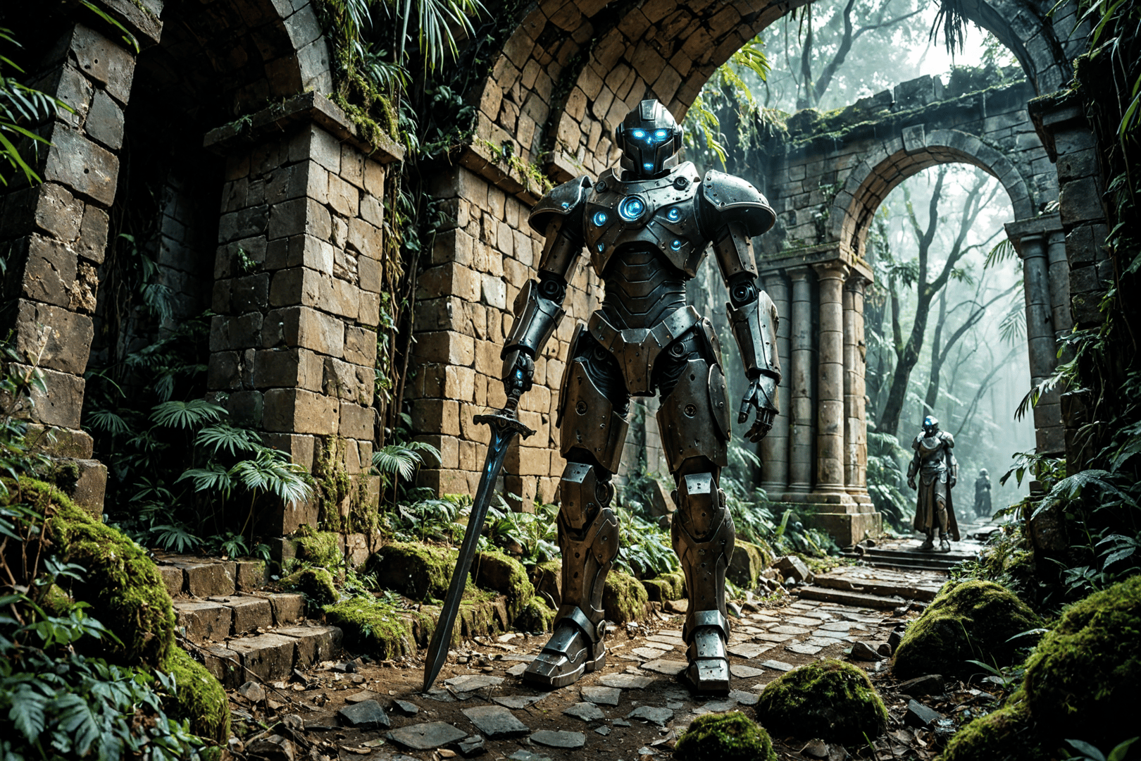 AI generated wallpaper featuring robot, ancient ruins, sword