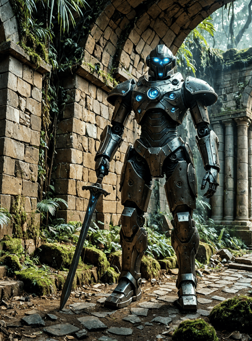 robot, ancient ruins, sword