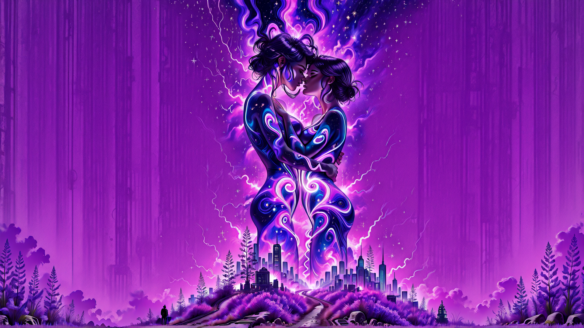 AI generated wallpaper featuring couple, kiss, surreal figures, cityscape, nature