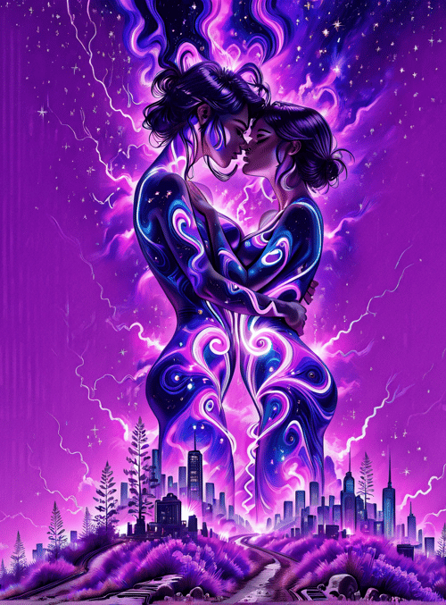 couple, kiss, surreal figures, cityscape, nature