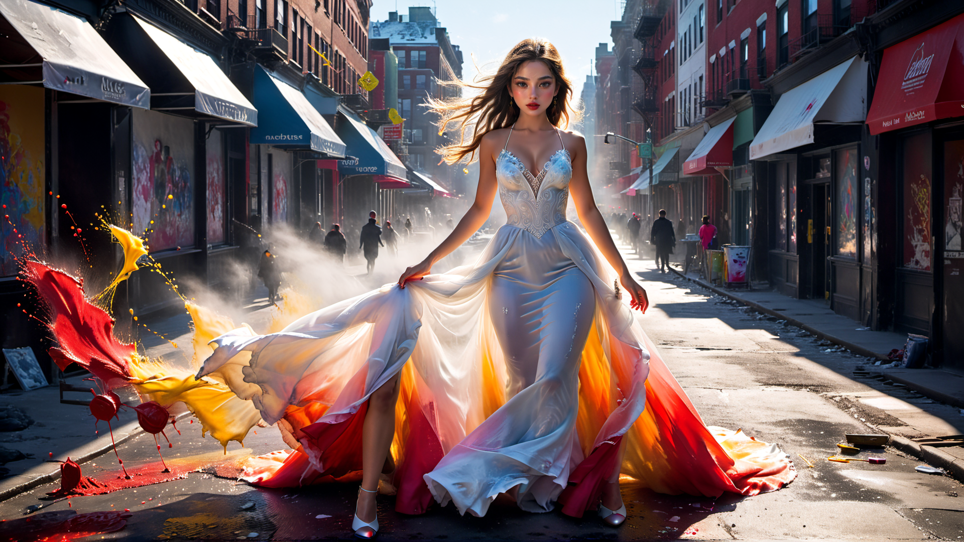 AI generated wallpaper featuring woman, dress, street