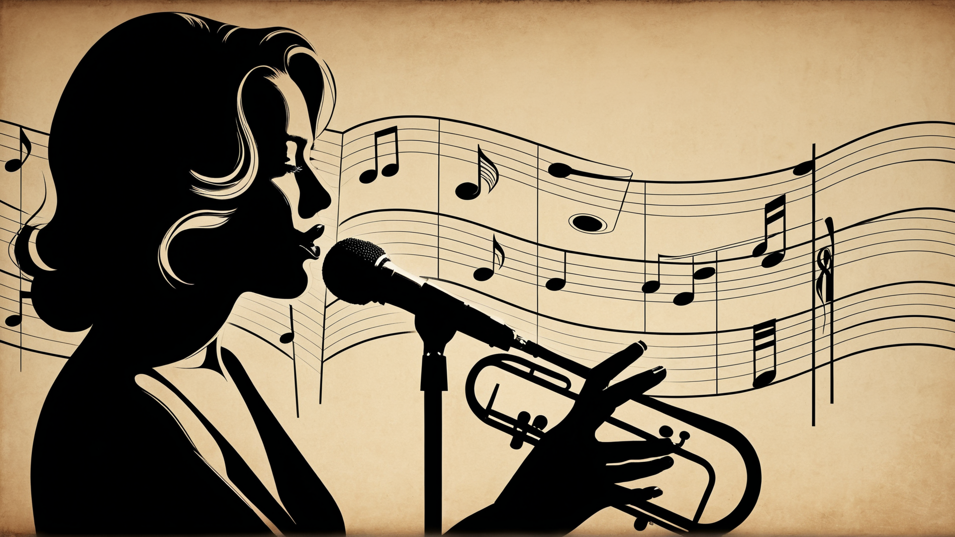 AI generated wallpaper featuring singer, trumpet, microphone, music notes