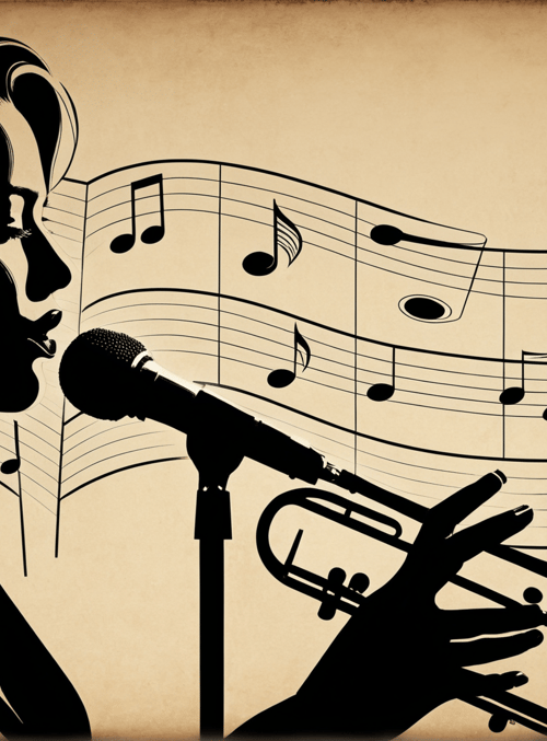 singer, trumpet, microphone, music notes