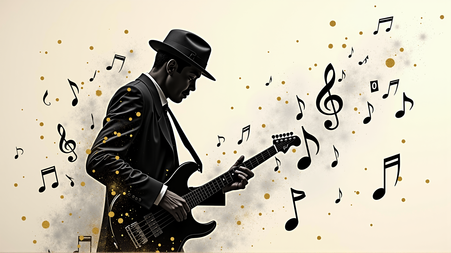 AI generated wallpaper featuring guitarist, man, hat, guitar, music notes