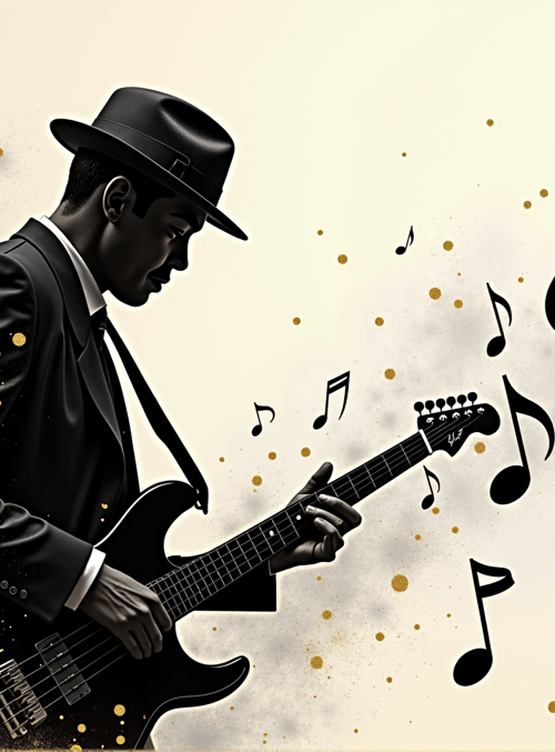 guitarist, man, hat, guitar, music notes