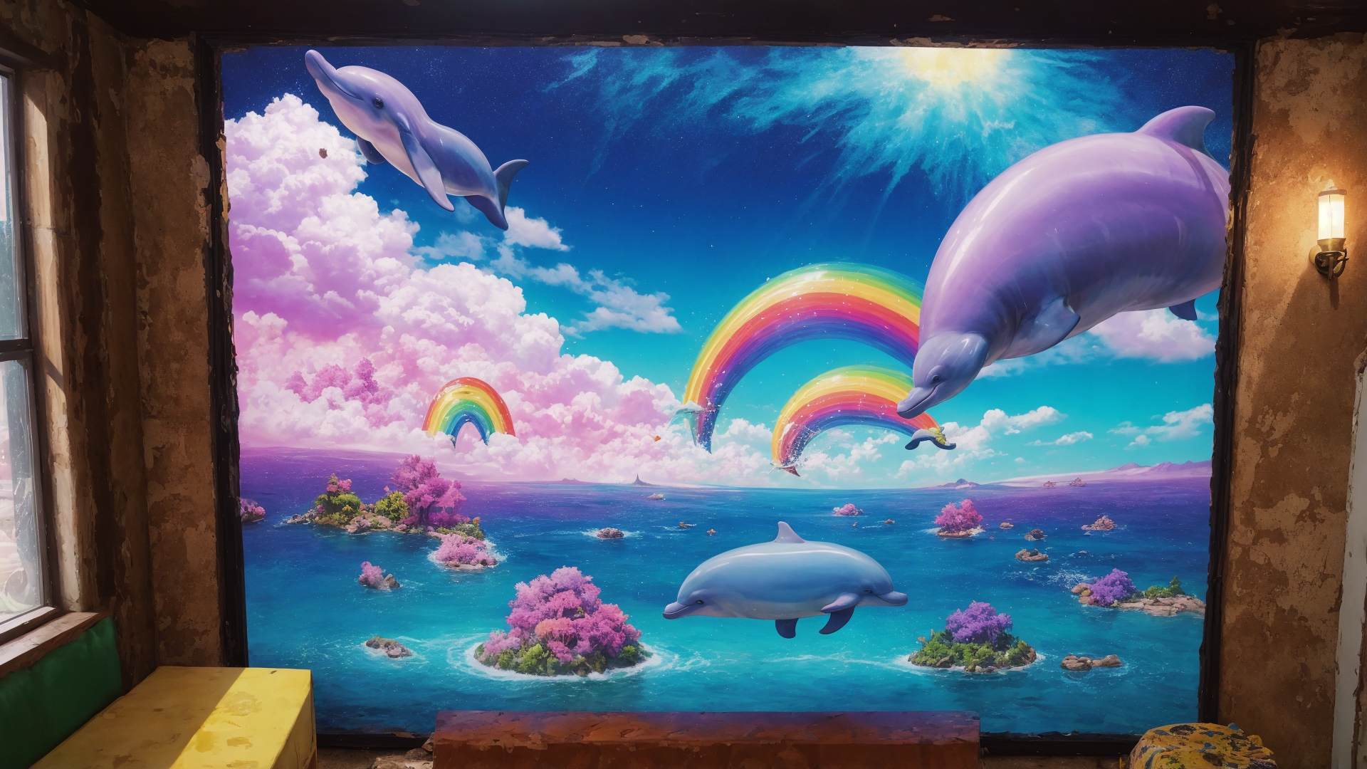AI generated wallpaper featuring dolphins, rainbow, ocean