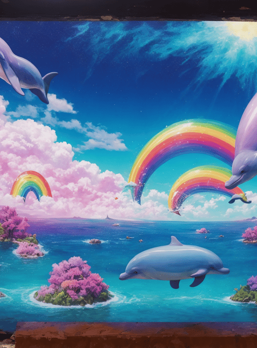 dolphins, rainbow, ocean