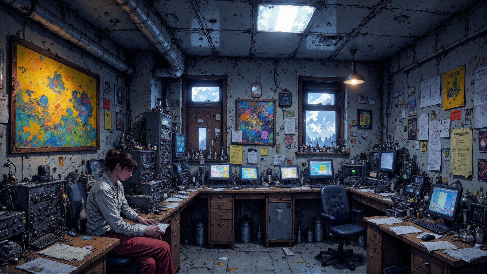AI generated wallpaper featuring person, office, computer, artwork, desk, equipment, painting, monitor, chair, document