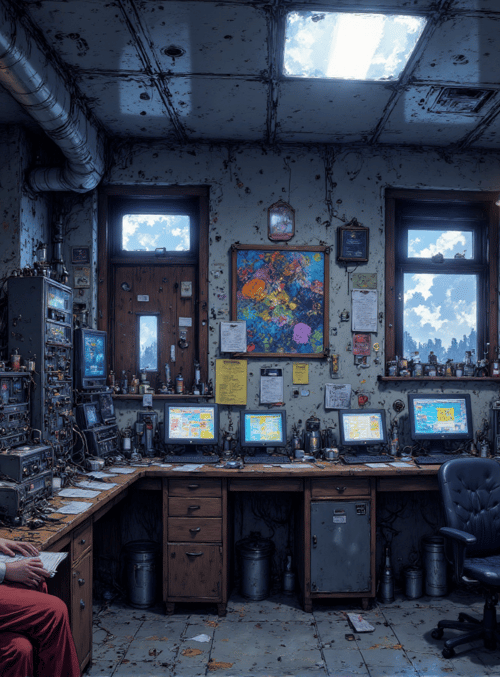 person, office, computer, artwork, desk, equipment, painting, monitor, chair, document
