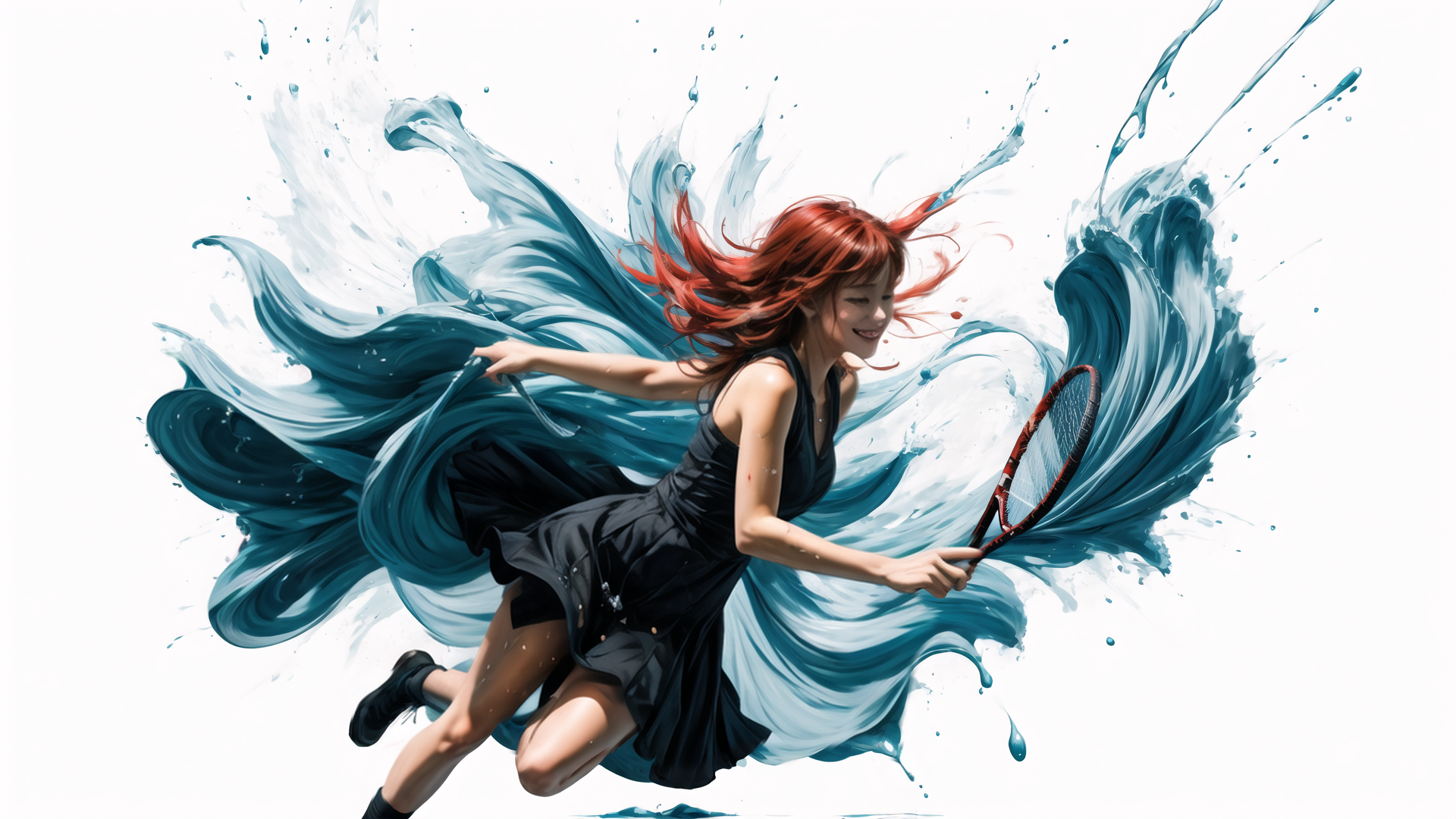 AI generated wallpaper featuring tennis player, water splash, red hair
