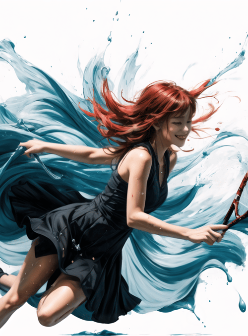 tennis player, water splash, red hair