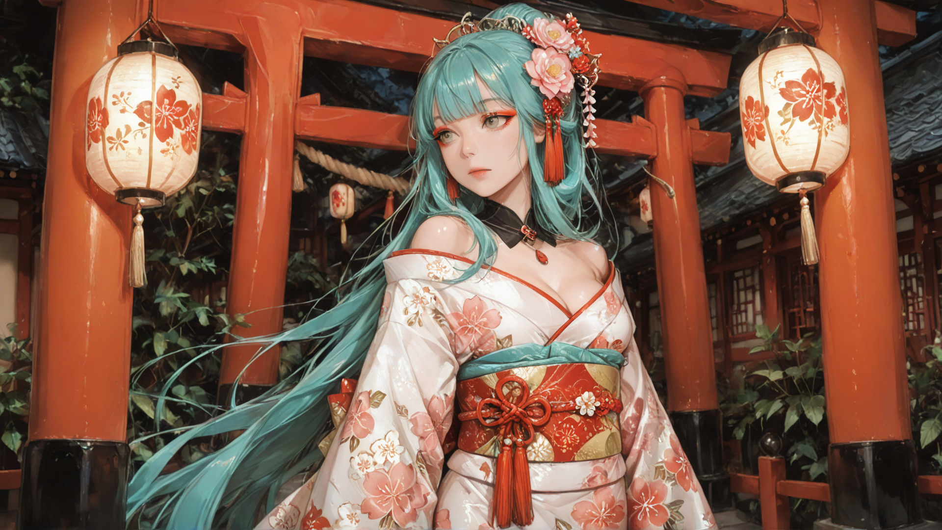 AI generated wallpaper featuring woman, kimono, lantern, hair, flower, traditional, building, lantern, cherry blossom, kimono