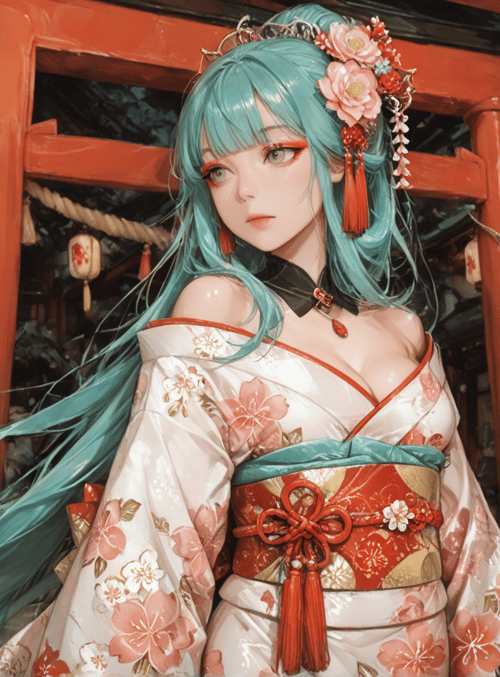 woman, kimono, lantern, hair, flower, traditional, building, lantern, cherry blossom, kimono