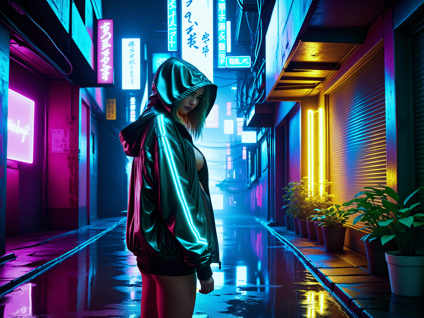 AI generated wallpaper featuring woman, hoodie, alley