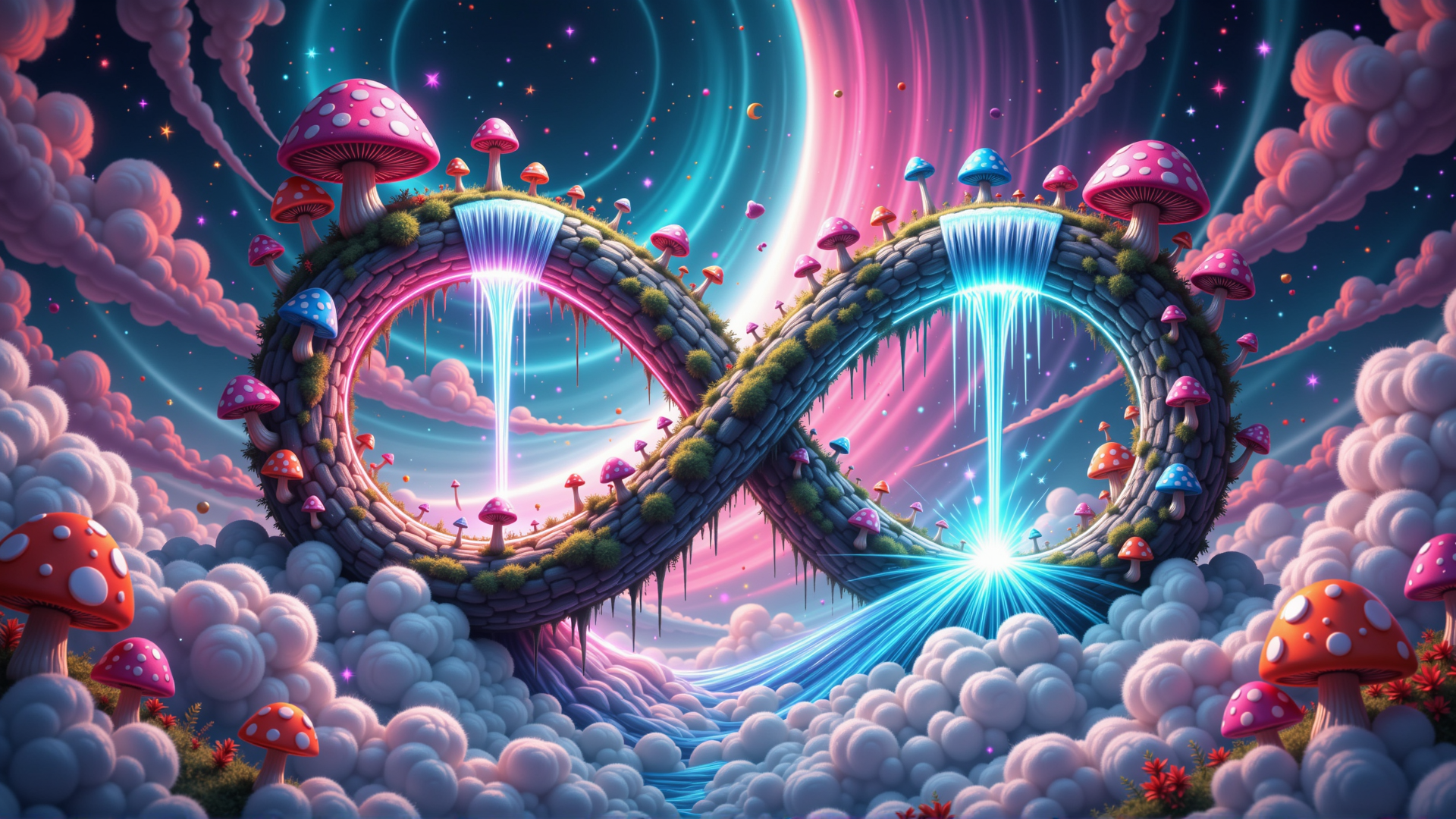 AI generated wallpaper featuring mushrooms, infinity symbol, waterfalls, clouds, stars