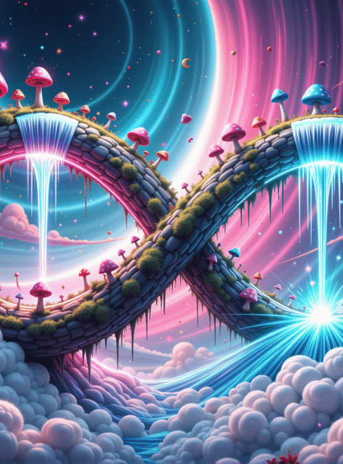 mushrooms, infinity symbol, waterfalls, clouds, stars