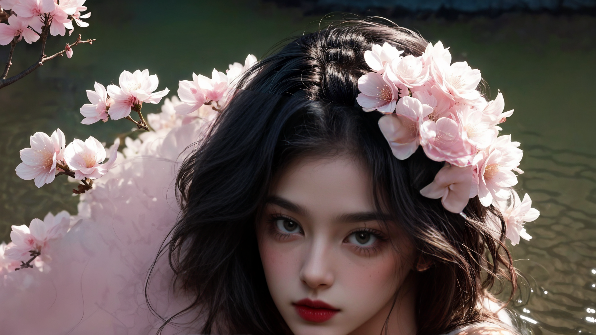 AI generated wallpaper featuring woman, cherry blossoms, water