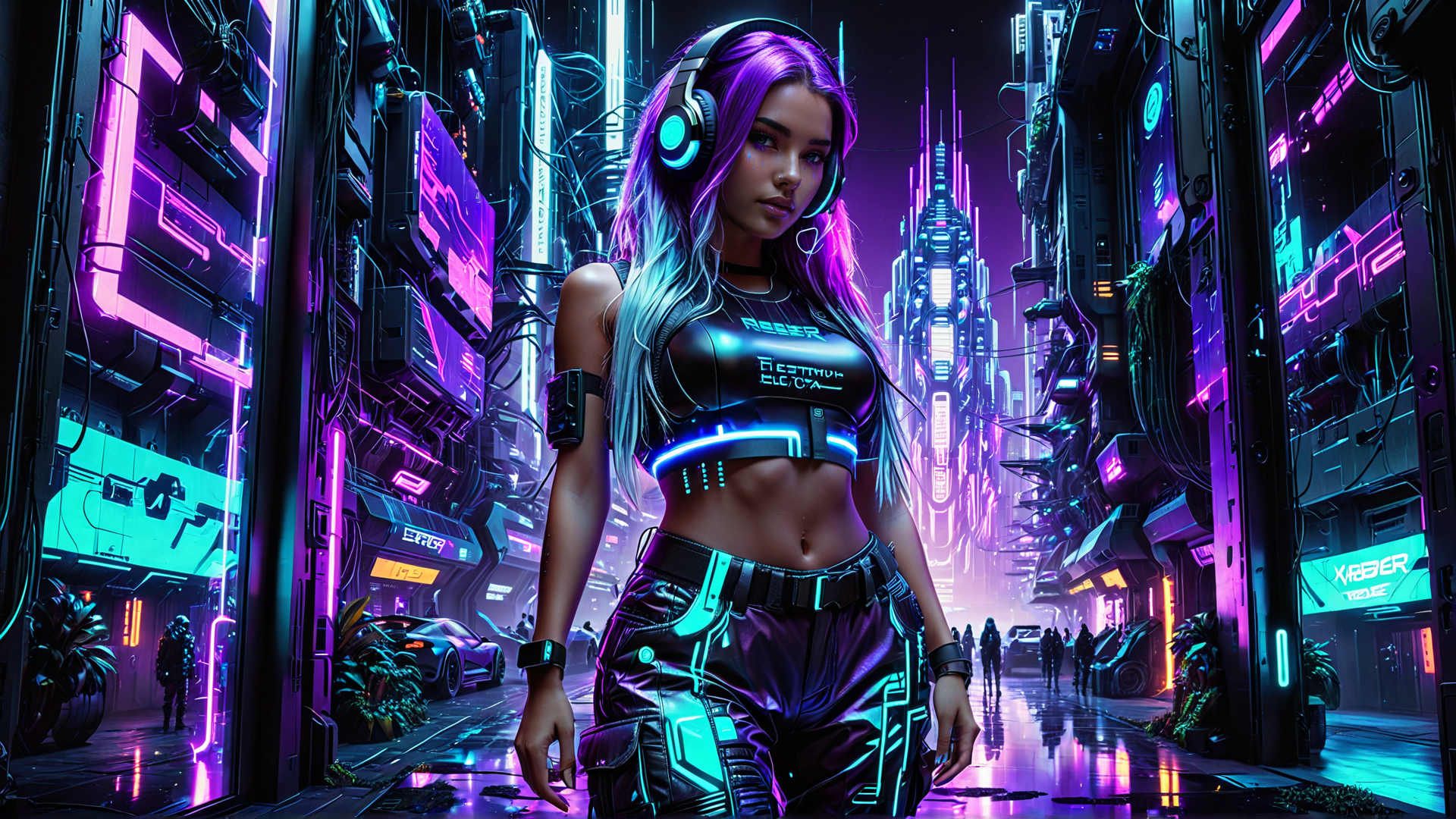 AI generated wallpaper featuring woman, cyberpunk, neon