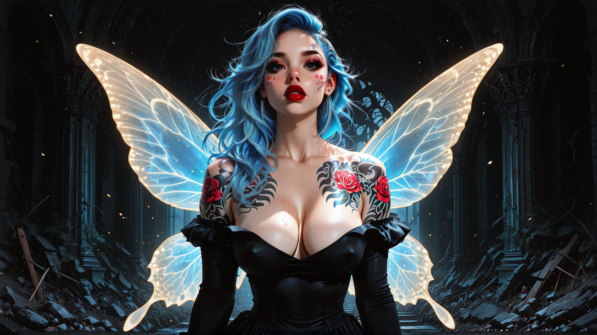 AI generated wallpaper featuring fairy, woman, tattoo, wings, dress