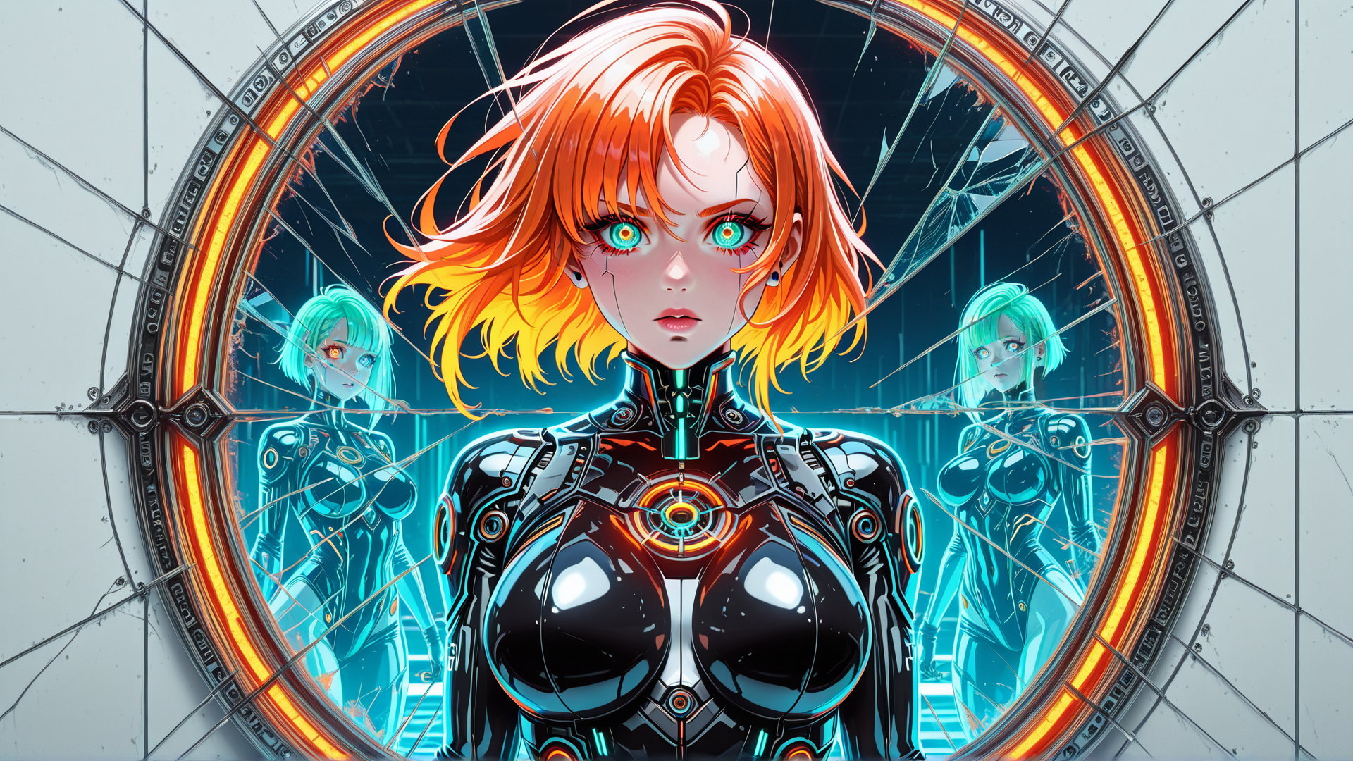 AI generated wallpaper featuring cyborg, woman, mirror, robot, glasses
