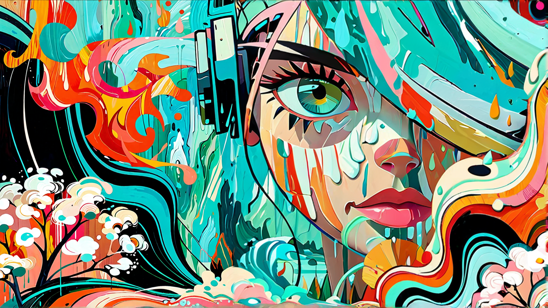 AI generated wallpaper featuring face, painting, abstract, flow, tears, floral
