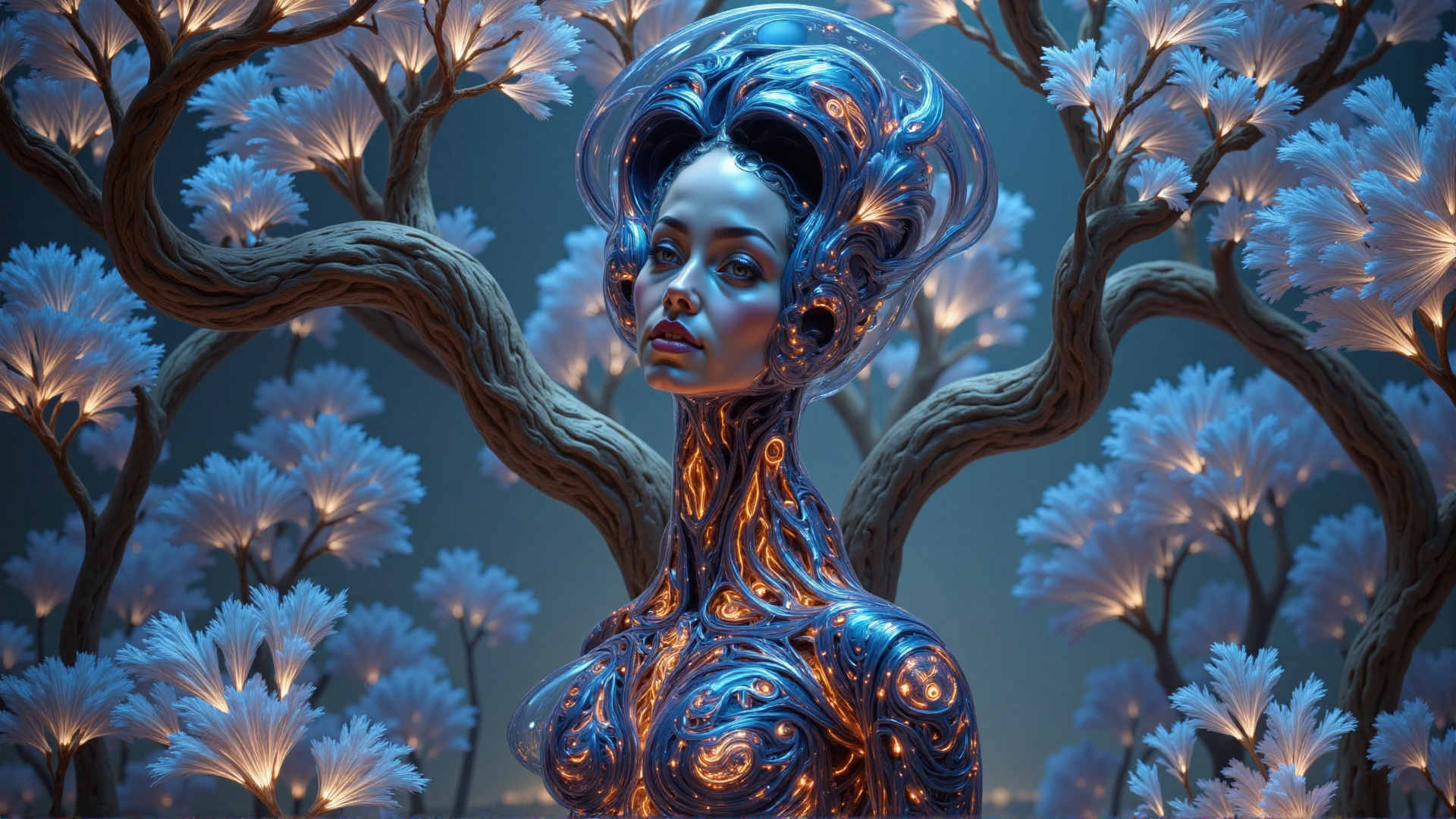 AI generated wallpaper featuring cybernetic woman, glowing tree, futuristic tree