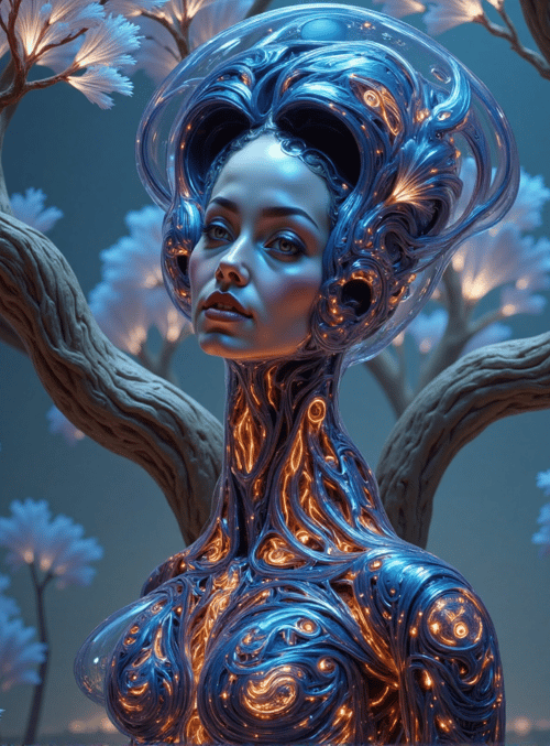cybernetic woman, glowing tree, futuristic tree