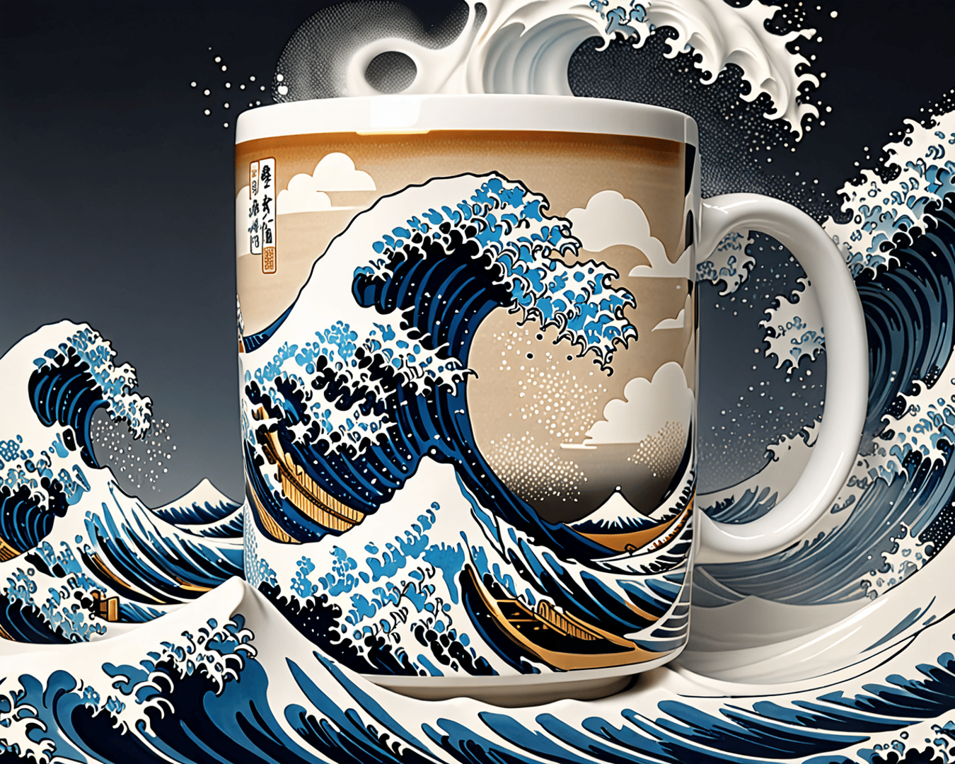 AI generated wallpaper featuring mug, wave, boat