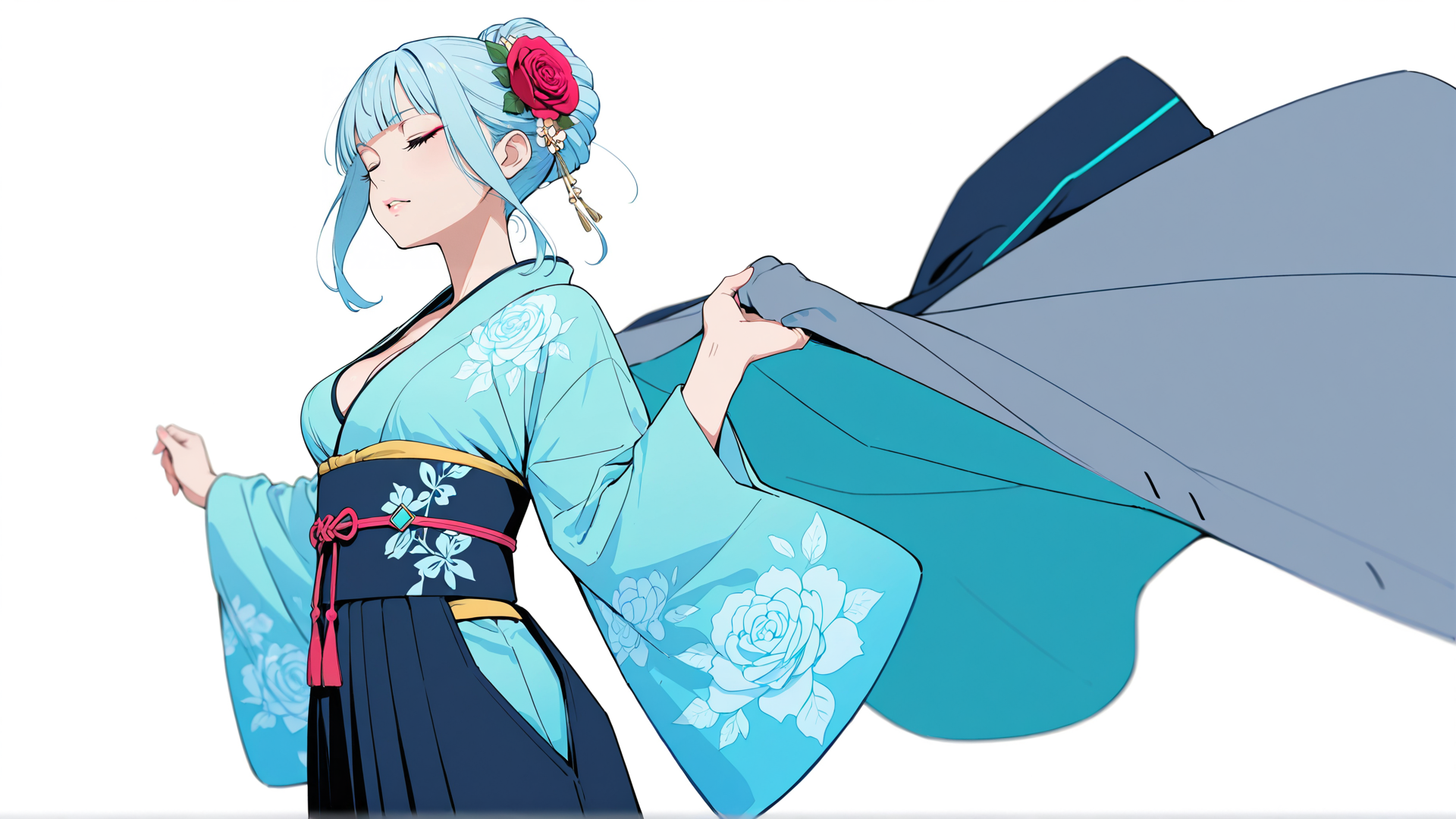 AI generated wallpaper featuring anime girl, kimono, flower