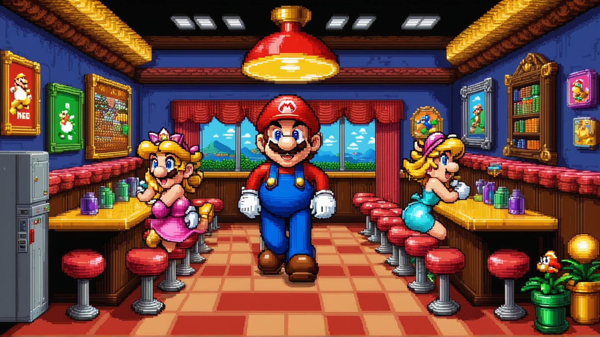 AI generated wallpaper featuring mario, princess, peach
