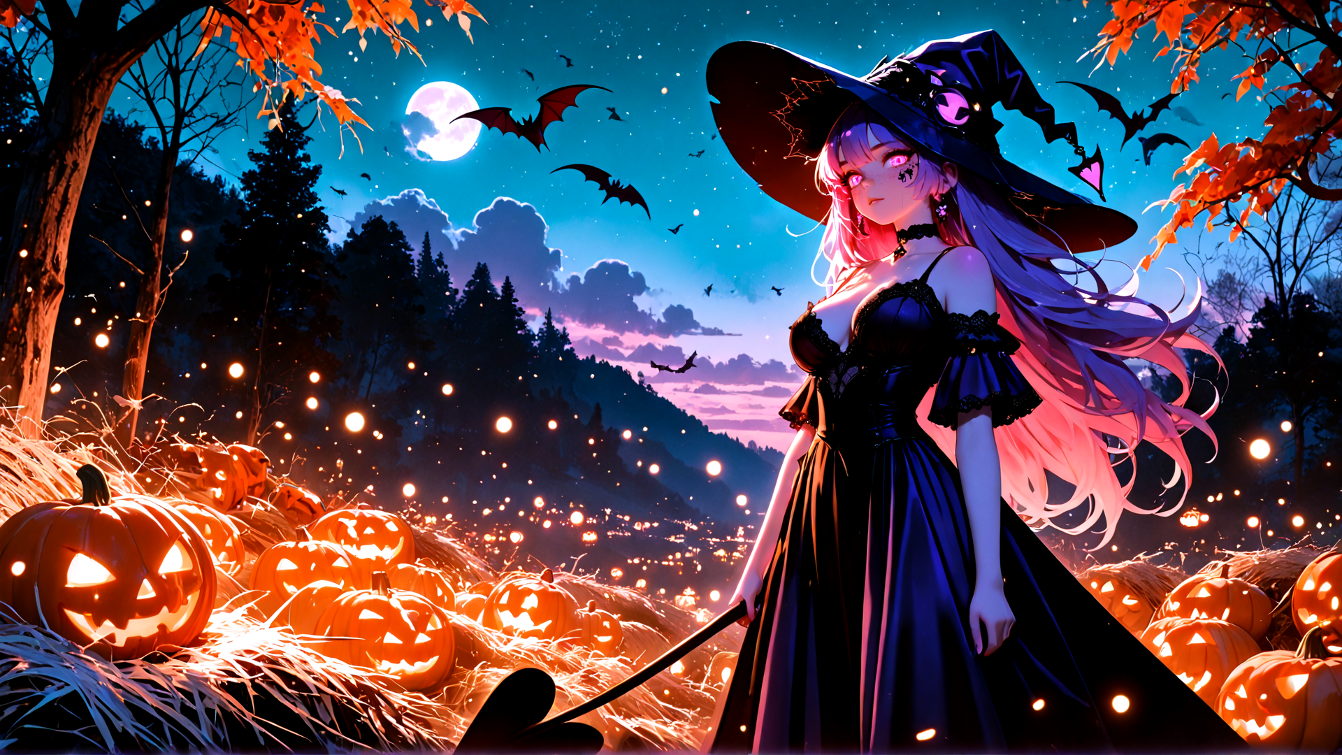 AI generated wallpaper featuring witch, pumpkins, bats, moon, trees, fireflies