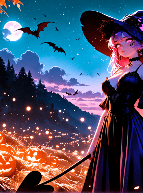 witch, pumpkins, bats, moon, trees, fireflies