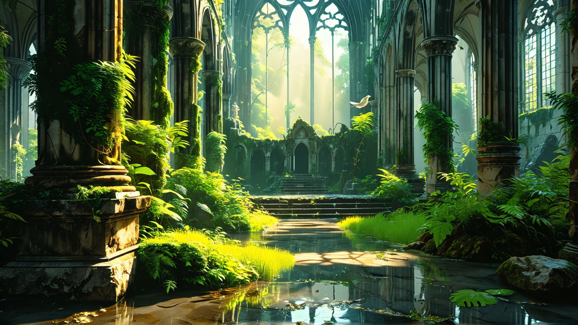 AI generated wallpaper featuring church, nature, columns, buddha, bird, staircase, water, plants, vines, light